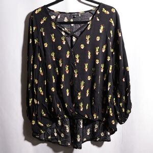 Chloah‎ Womens Black Cactus Print Surplice V-Neck Long Sleeve Top Boho Western L